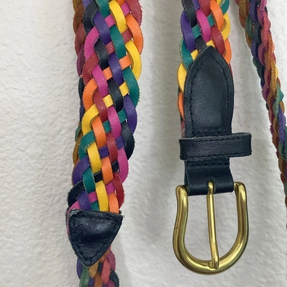 Rainbow Leather Braided Belt with Black and Brass tone details size XL